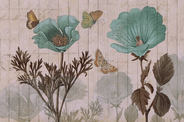 Papier peint  Papillons et fleurs bleues sur fond en bois motif botanique de style vintage