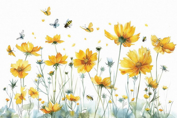 Papier peint  Motif botanique avec fleurs sauvages jaunes papillons et insectes motif naturel