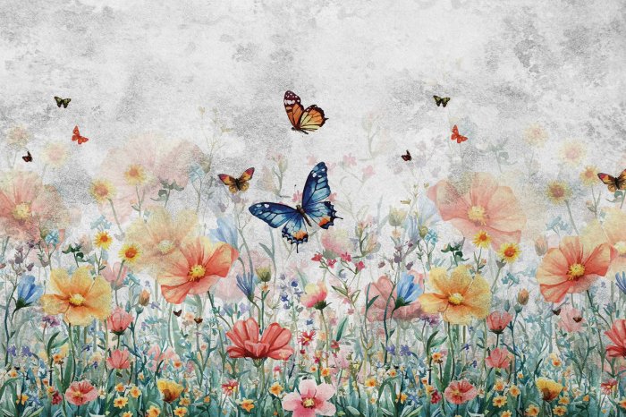 Papier peint  Papillons au-dessus d’une prairie fleurie colorée sur fond texturé dans des tons de gris