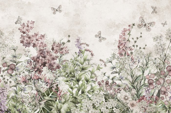 Papier peint  Papillons sur une prairie fleurie, motif botanique aquarelle sur fond clair