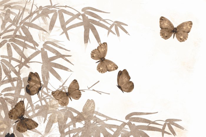 Papier peint  Papillons beige en aquarelle avec branches de bambou sur fond blanc, motif naturel