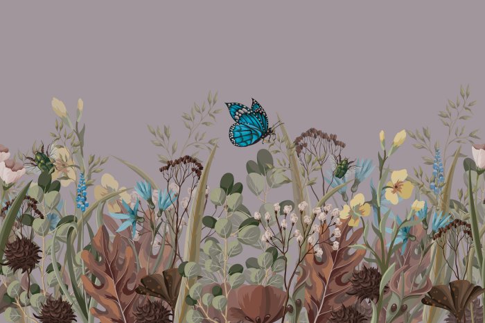 Papier peint  Papillon bleu sur une prairie fleurie, paysage naturel