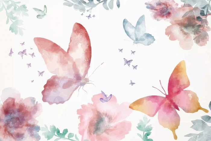 Papier peint  Papillons et fleurs colorés en style aquarelle sur fond blanc, motif délicat