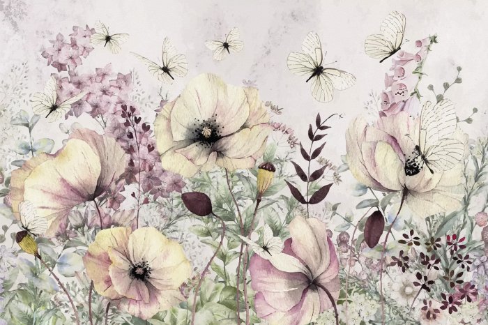 Papier peint  Fleurs en style aquarelle dans une prairie d'été avec des papillons blancs, motif botanique