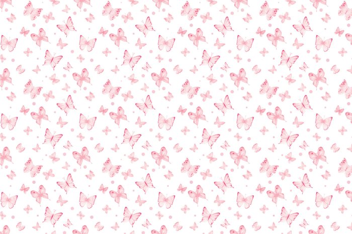 Papier peint  Papillons en aquarelle et pois sur fond blanc, motif enfantin délicat