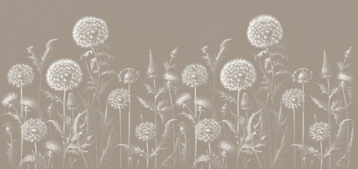 Papier peint  Pissenlits blancs et fleurs sauvages sur fond beige, motif botanique