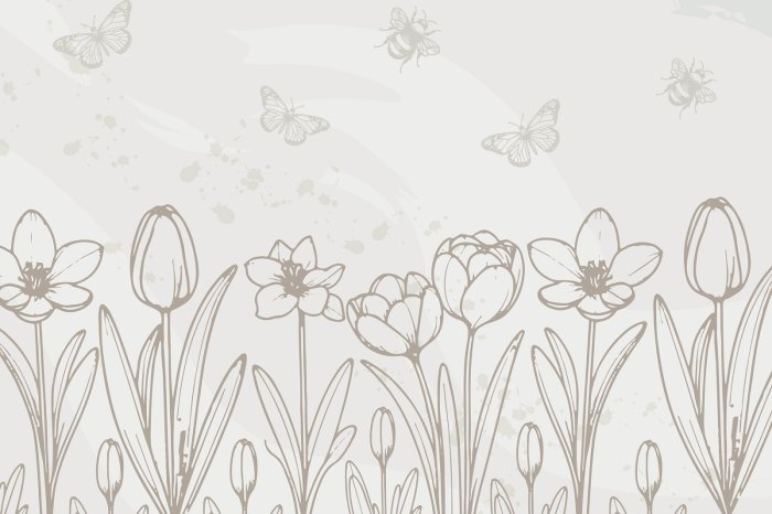 Papier peint  Tulipes, papillons et insectes en style minimaliste, motif botanique beige
