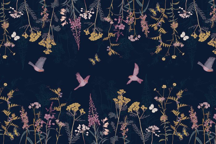 Papier peint  Motif botanique végétal avec fleurs colorées, papillons et oiseaux