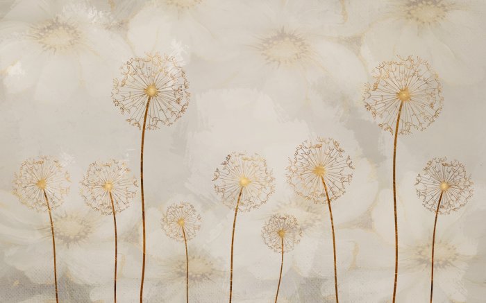 Papier peint  Pissenlits abstraits en couleur dorée sur un fond de fleurs peintes délicates