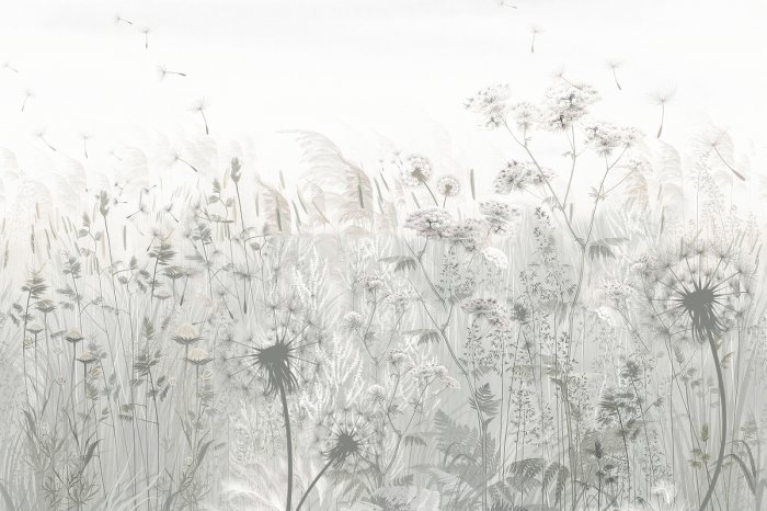 Papier peint  Fleurs des champs et pissenlits, motif botanique en nuances de gris