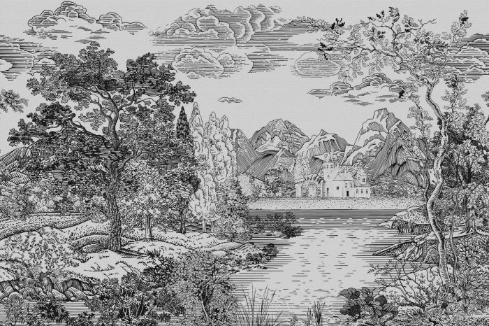 Papier peint  Paysage en style croquis avec une rivière et des arbres en noir et blanc