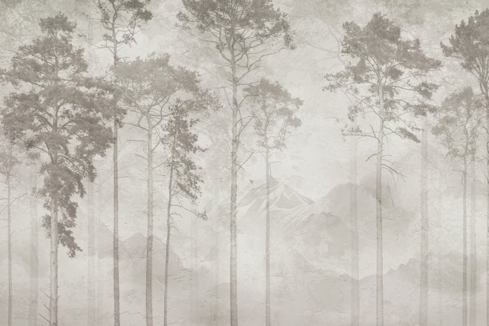 Papier peint  Paysage minimaliste avec des arbres et de subtiles montagnes en style naturel