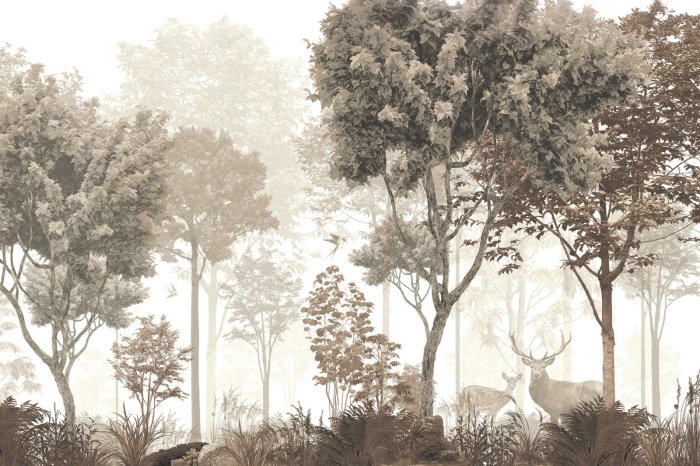 Papier peint  Motif forestier vintage avec un cerf et une biche dans un paysage naturel