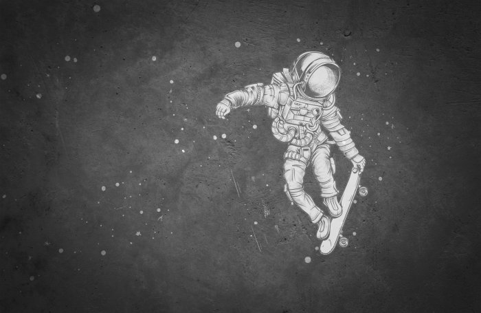 Papier peint  Scène cosmique avec un astronaute sur une planche, ciel nocturne abstrait avec effet béton