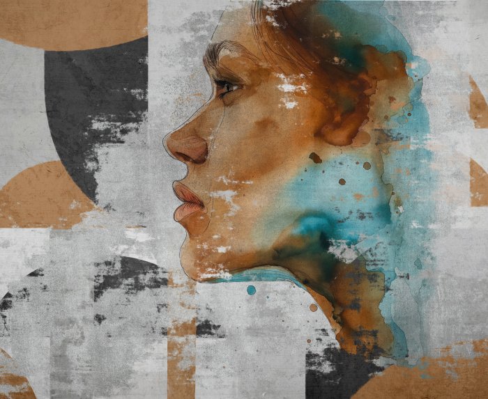 Papier peint  Portrait artistique d'une femme avec des motifs géométriques dans un style aquarelle