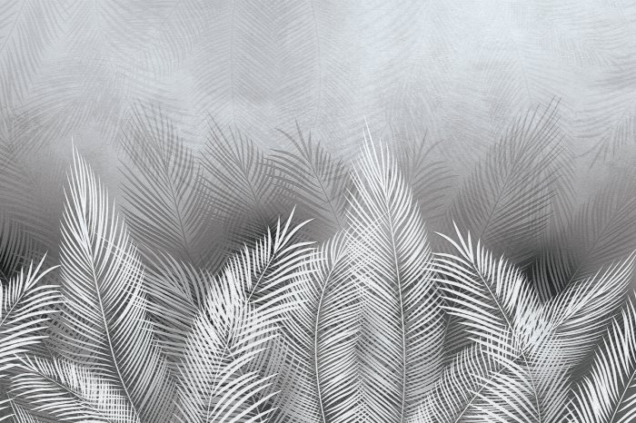 Papier peint  Feuilles de palmier tropicales en blanc et gris avec effet béton