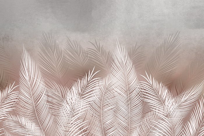 Papier peint  Motif végétal avec feuilles de palmier dans des tons beiges et blancs sur une texture béton