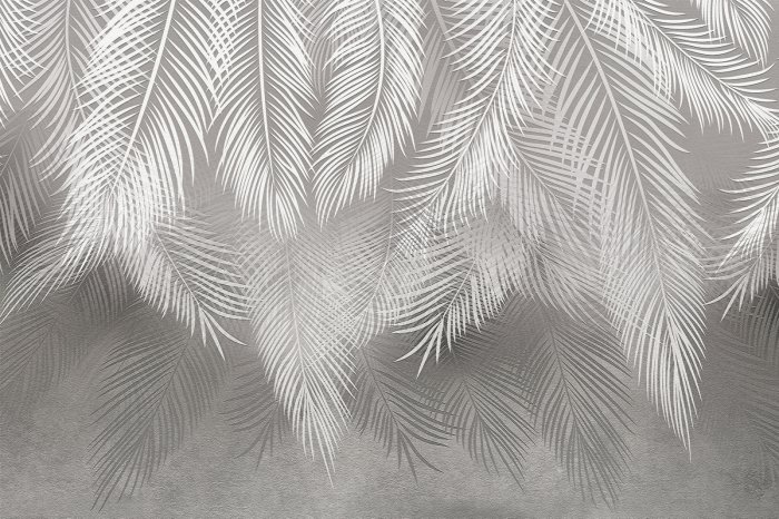 Papier peint  Feuilles de palmier tropicales en blanc et gris sur fond effet béton
