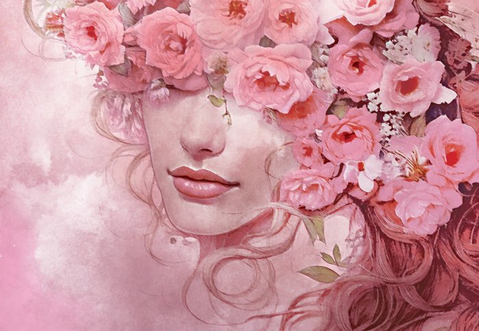 Papier peint  Portrait du visage féminin parmi des fleurs en style aquarelle