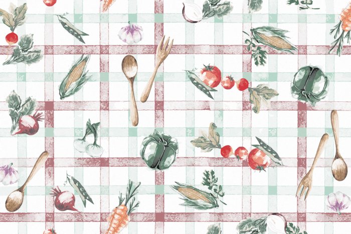 Papier peint  Fruits et légumes sur fond de nappe à carreaux