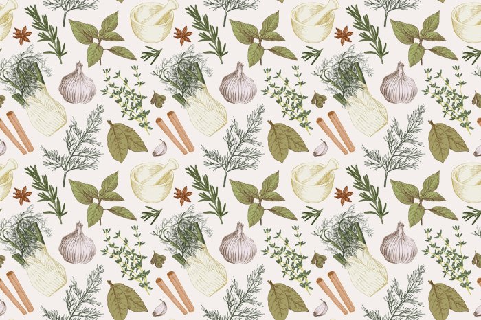 Papier peint  Motif décoratif avec des herbes et des légumes