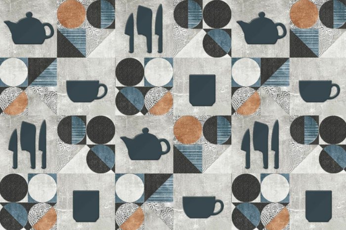 Papier peint  Carreaux carrés avec motif de plats classiques