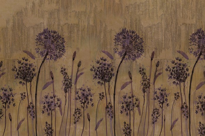 Papier peint  Fleurs de pissenlit violettes sur un mur