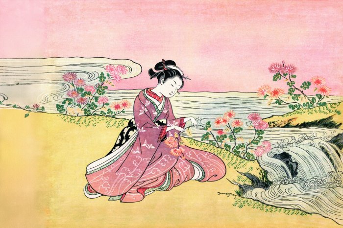 Papier peint  Femme parmi les fleurs dans le style japonais