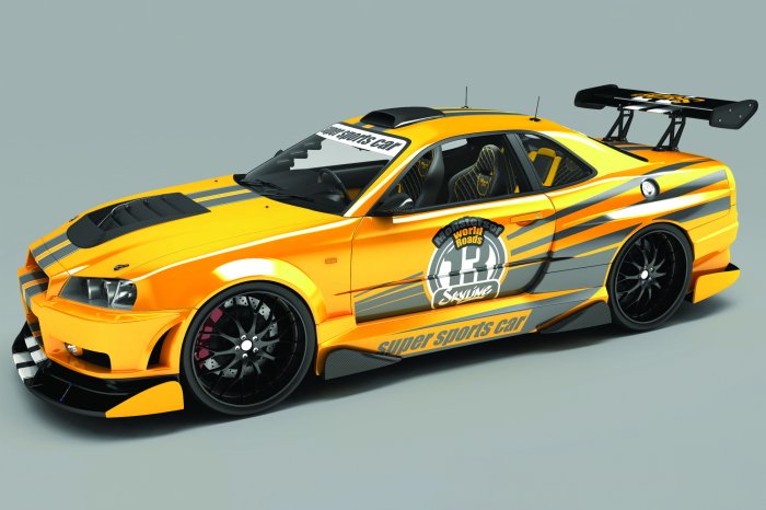 Papier peint  Voiture de sport jaune sur fond gris