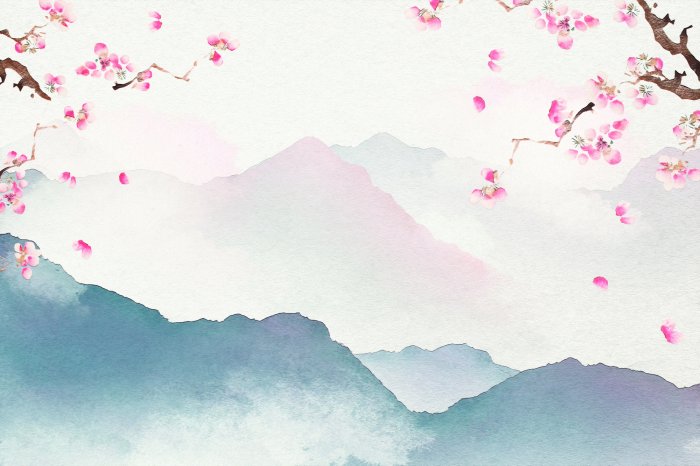 Papier peint  Aquarelle de collines avec des fleurs de cerisier