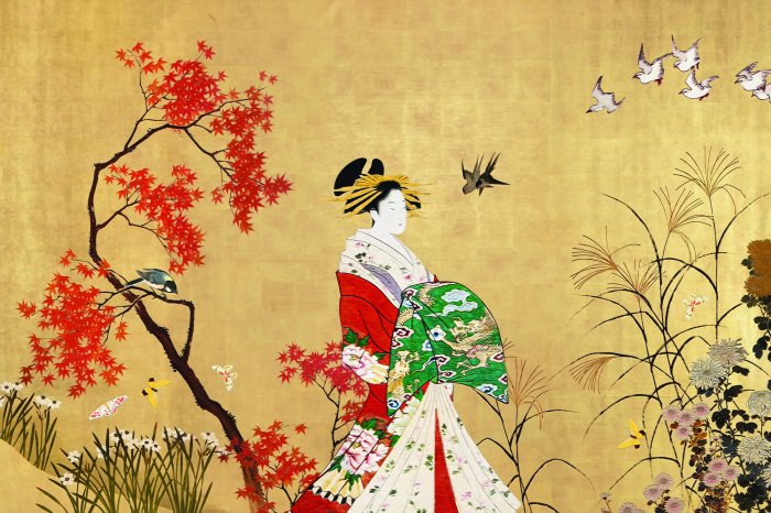 Papier peint  Jardin japonais avec une femme et des oiseaux