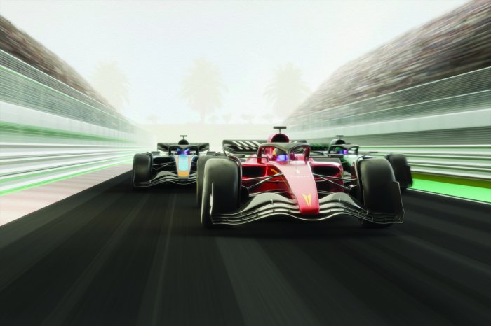 Papier peint  Voitures de course filant sur la piste avec des palmiers en arrière-plan