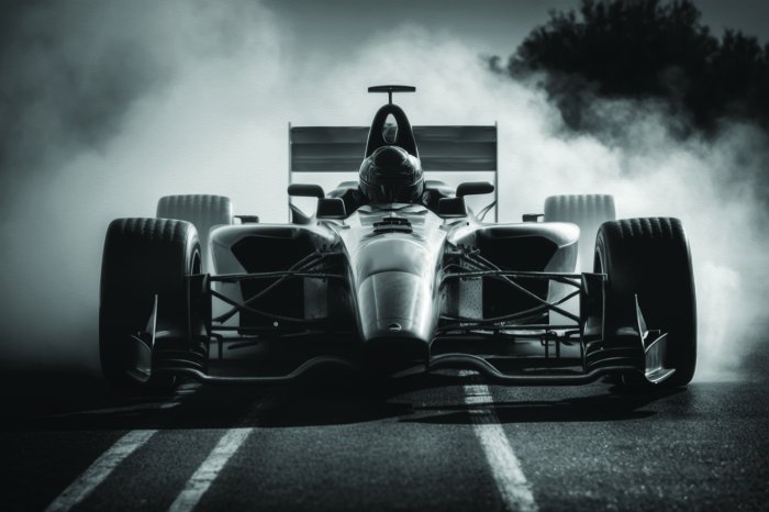 Papier peint  Photo en noir et blanc d'une Formule 1 avec pilote