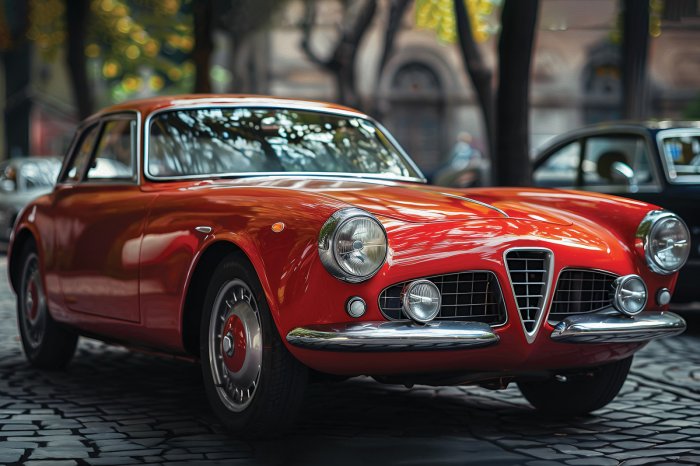 Papier peint  Voiture classique rouge dans un décor urbain