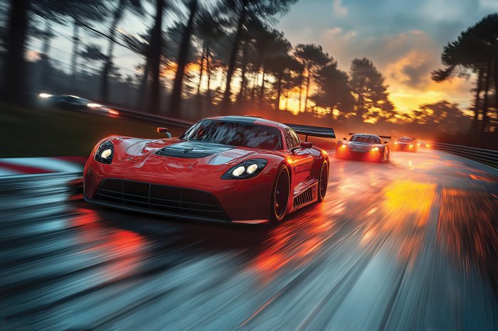 Papier peint  Course dynamique de voitures de sport au coucher du soleil