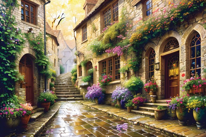 Papier peint  Ruelle avec des immeubles entourés de fleurs