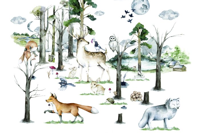 Papier peint  Scène forestière avec des animaux sauvages