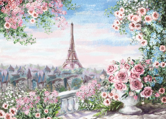 Papier peint  Vue sur le paysage de Paris depuis un balcon rempli de fleurs
