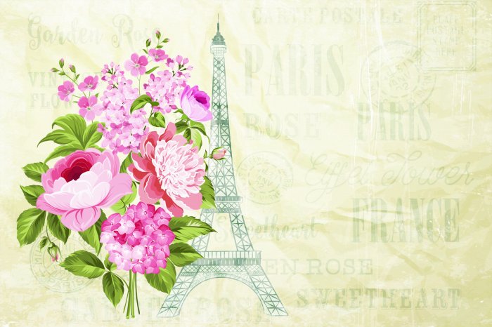Papier peint  Bouquet de fleurs avec la Tour Eiffel et des inscriptions en arrière-plan