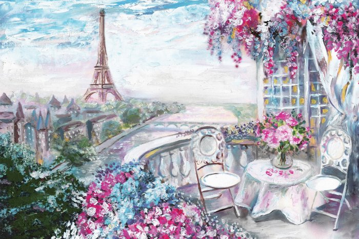 Papier peint  Terrasse pittoresque pleine de fleurs avec Paris en arrière-plan