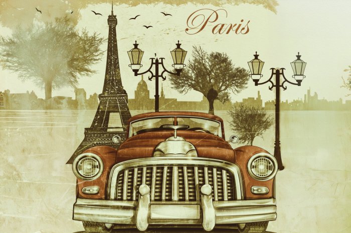 Papier peint  Voiture de style rétro avec Paris en arrière-plan