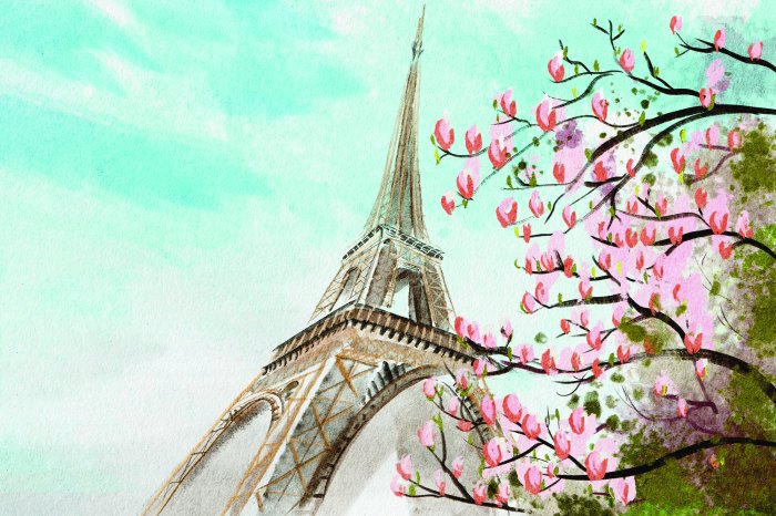 Papier peint  Fleur de cerisier peinte avec la tour Eiffel en arrière-plan