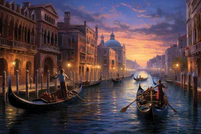 Papier peint  Coucher de soleil magique avec des gondoliers
