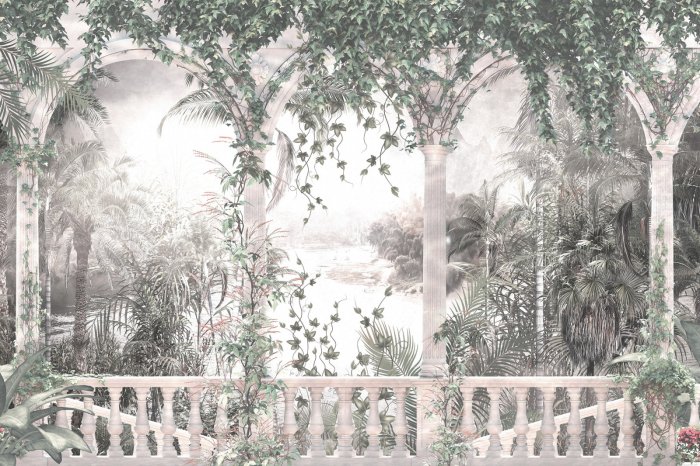 Papier peint  Terrasse avec des arches au milieu de la végétation tropicale