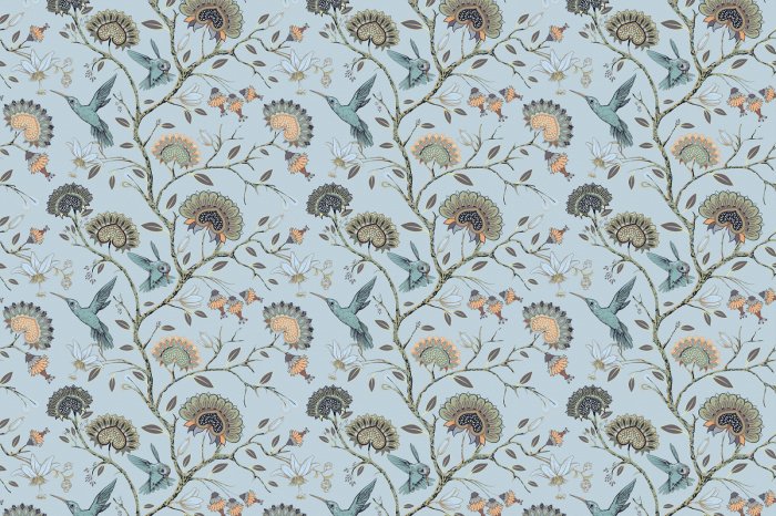 Papier peint  Branches avec des fleurs parmi les oiseaux