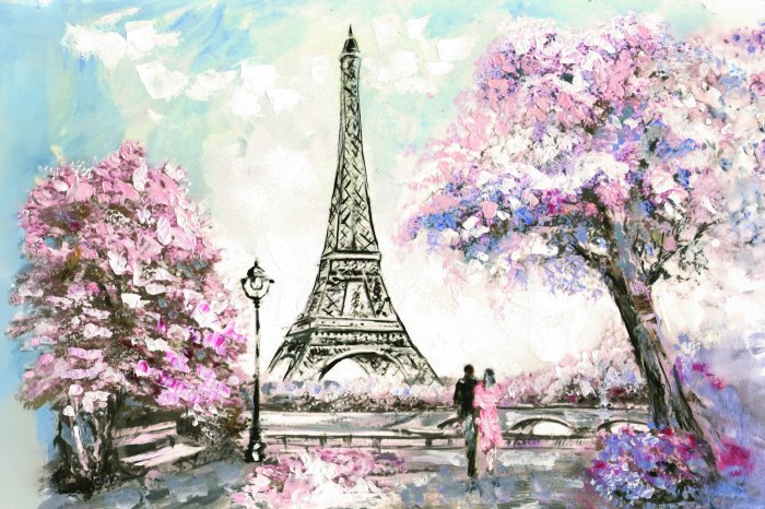 Papier peint  Paysage peint de Paris avec des fleurs de cerisier