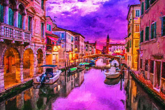 Papier peint  Venise peinte avec des bateaux sur fond de cathédrale