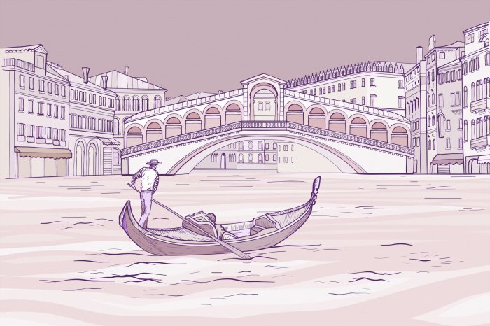 Papier peint  Dessin d'un gondolier sur fond de pont