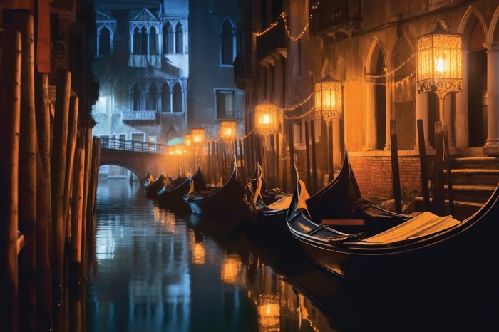 Papier peint  Paysage des maisons vénitiennes avec des bateaux