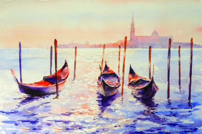 Papier peint  Gondoles peintes sur l'eau avec le coucher du soleil